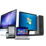 Digital illustration featuring a Mac and Windows desktop computer, a laptop, a tablet, and a smartphone for computer repair and setup services