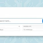 Digital illustration of an advanced search interface with fields for search term, sources, domain, and date range
