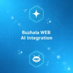 Digital illustration featuring artificial intelligence icons and the text Buzhala WEB - AI Integration for Your Website