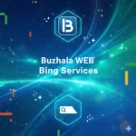 Digital illustration featuring Bing platform icons and the text Buzhala WEB - Bing Services