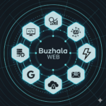 Digital illustration featuring service icons centered around the brand name Buzhala WEB