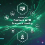 Digital illustration featuring domain and web hosting icons and the text Buzhala WEB - Domain and Hosting