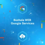 Digital illustration featuring Google platform icons and the text Buzhala WEB - Google Services
