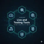 AI-generated digital illustration featuring six hexagonal tech icons arranged in a circle around the central text Buzhala WEB Live and Testing Tools.