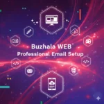 Digital illustration featuring secure email infrastructure icons and the text Buzhala WEB - Professional Email Setup