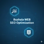 Digital illustration featuring SEO optimization icons and the text Buzhala WEB - SEO Optimization