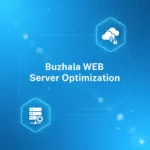 Digital illustration featuring server performance icons and the text Buzhala WEB - Web Server Optimization