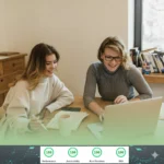 Illustration of two people working on laptops with an integrated PageSpeed Insights graphic displaying perfect 100 100 100 100 metrics