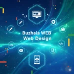 Digital illustration featuring web design icons and the text Buzhala WEB - Web Design